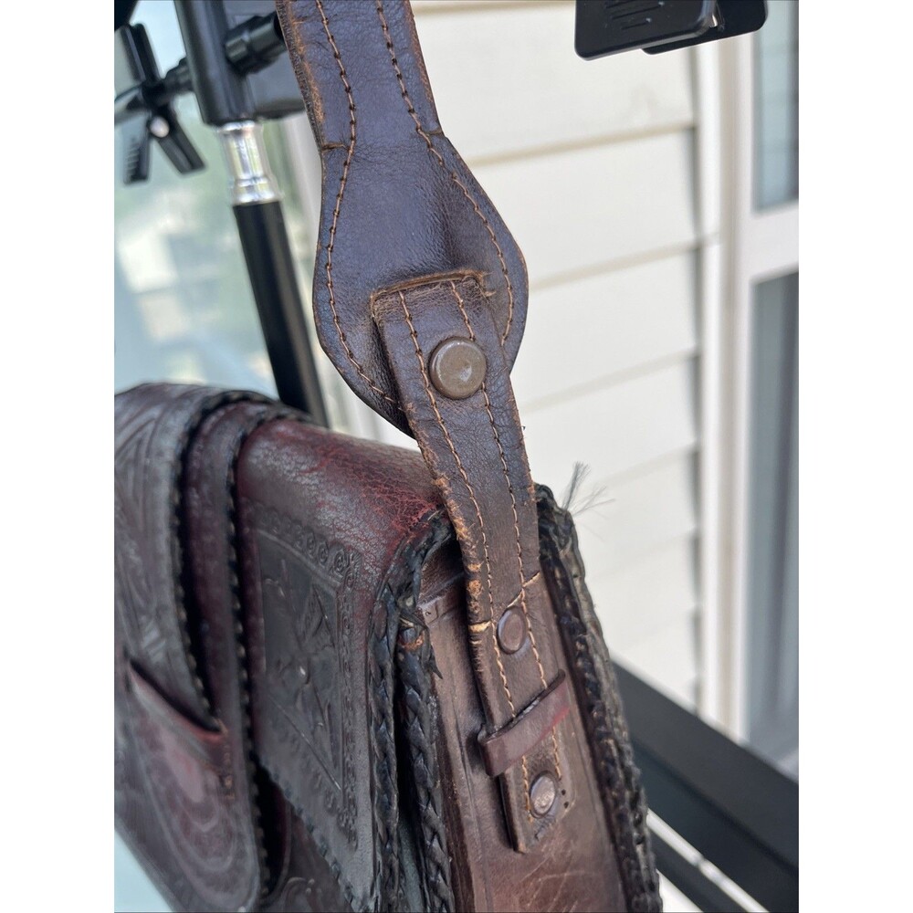 Vintage Mexican Aztec Mayan Tooled Brown Leather Handbag Purse Boho Hippie Vibe - Picture 7 of 16